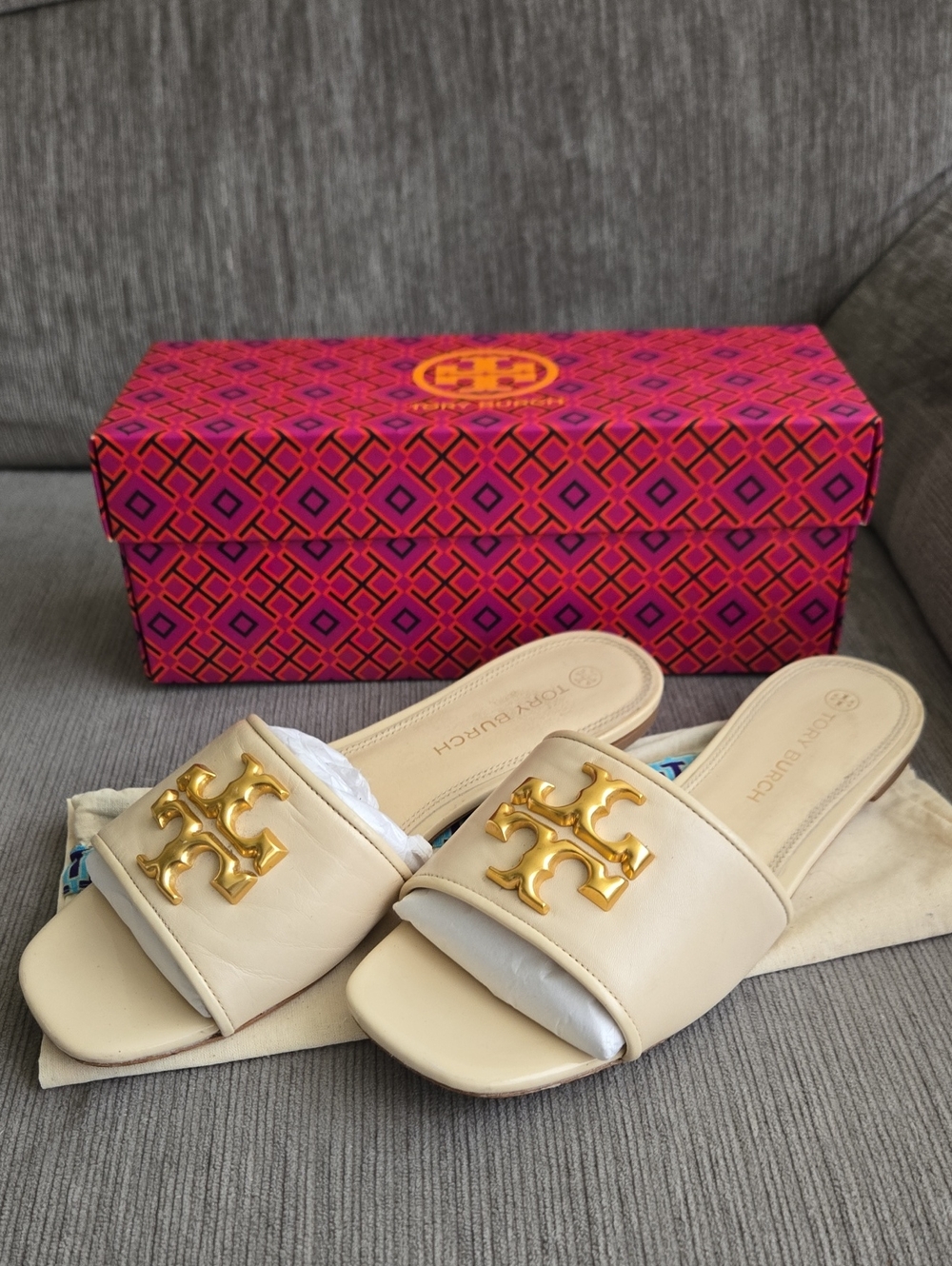 Tory Burch Cream Leather Slide Sandals with Gold Logo